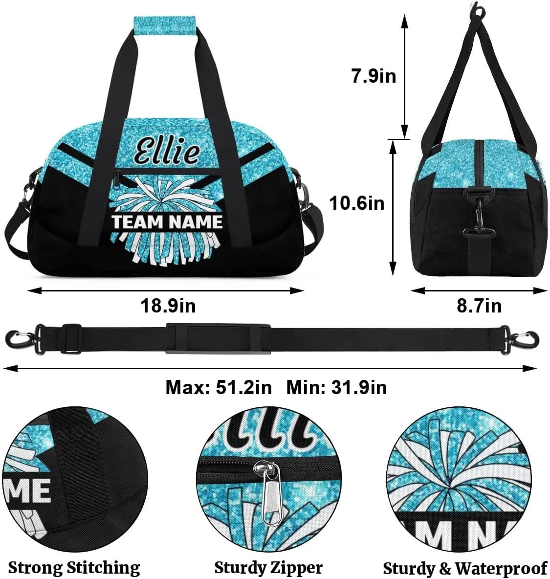 Custom Cheer Sport Bag Gym Duffel Bags Personalized Cheerleadr Bag with Team Name, Customize Travel Duffle Bags, Overnight Weekender Bag Cheerleading Gifts, Teal Sparkly Glitter