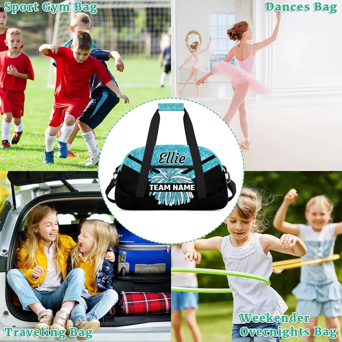 Custom Cheer Sport Bag Gym Duffel Bags Personalized Cheerleadr Bag with Team Name, Customize Travel Duffle Bags, Overnight Weekender Bag Cheerleading Gifts, Teal Sparkly Glitter