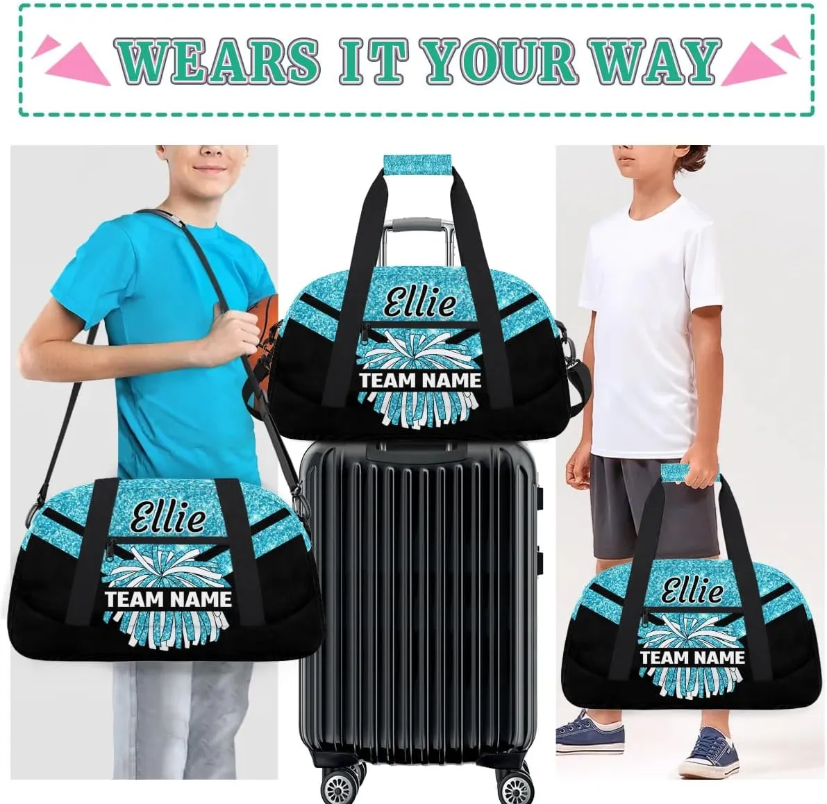 Custom Cheer Sport Bag Gym Duffel Bags Personalized Cheerleadr Bag with Team Name, Customize Travel Duffle Bags, Overnight Weekender Bag Cheerleading Gifts, Teal Sparkly Glitter