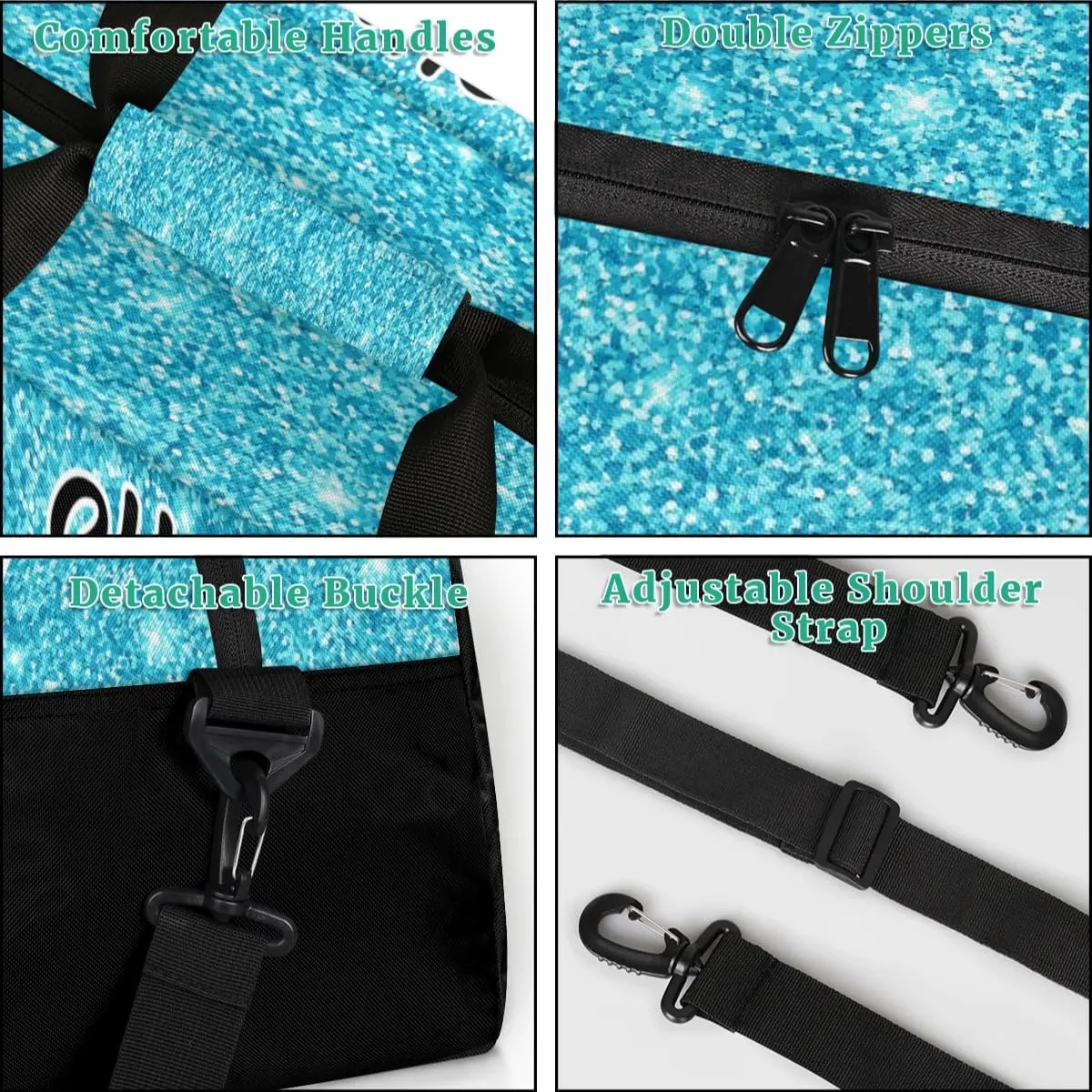 Custom Cheer Sport Bag Gym Duffel Bags Personalized Cheerleadr Bag with Team Name, Customize Travel Duffle Bags, Overnight Weekender Bag Cheerleading Gifts, Teal Sparkly Glitter
