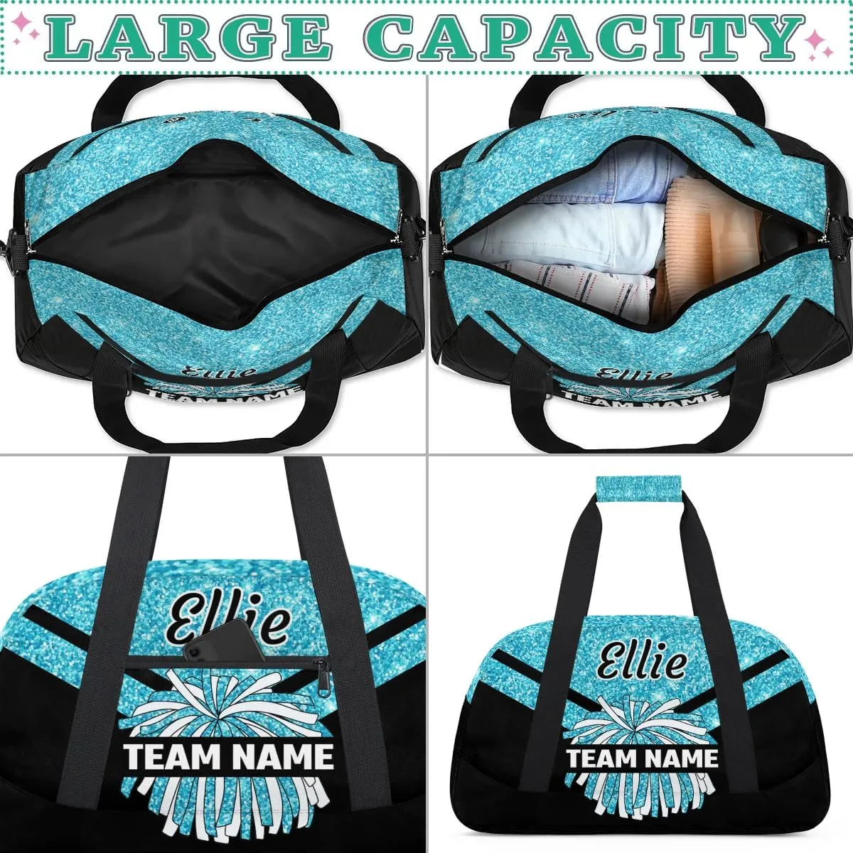 Custom Cheer Sport Bag Gym Duffel Bags Personalized Cheerleadr Bag with Team Name, Customize Travel Duffle Bags, Overnight Weekender Bag Cheerleading Gifts, Teal Sparkly Glitter