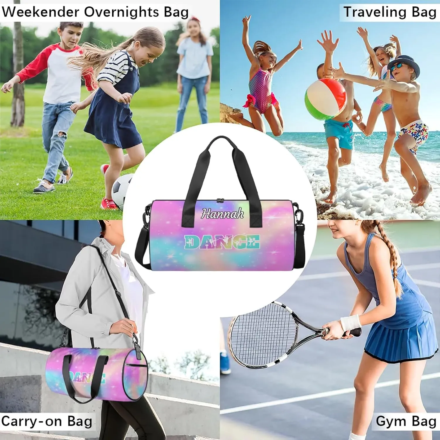 Custom Dance Duffel Bag with Name Round Personalized Dance Ballet Bags Waterproof Customized Travel Bag Carry-On Tote 17.6in, Rainbow Sparkly