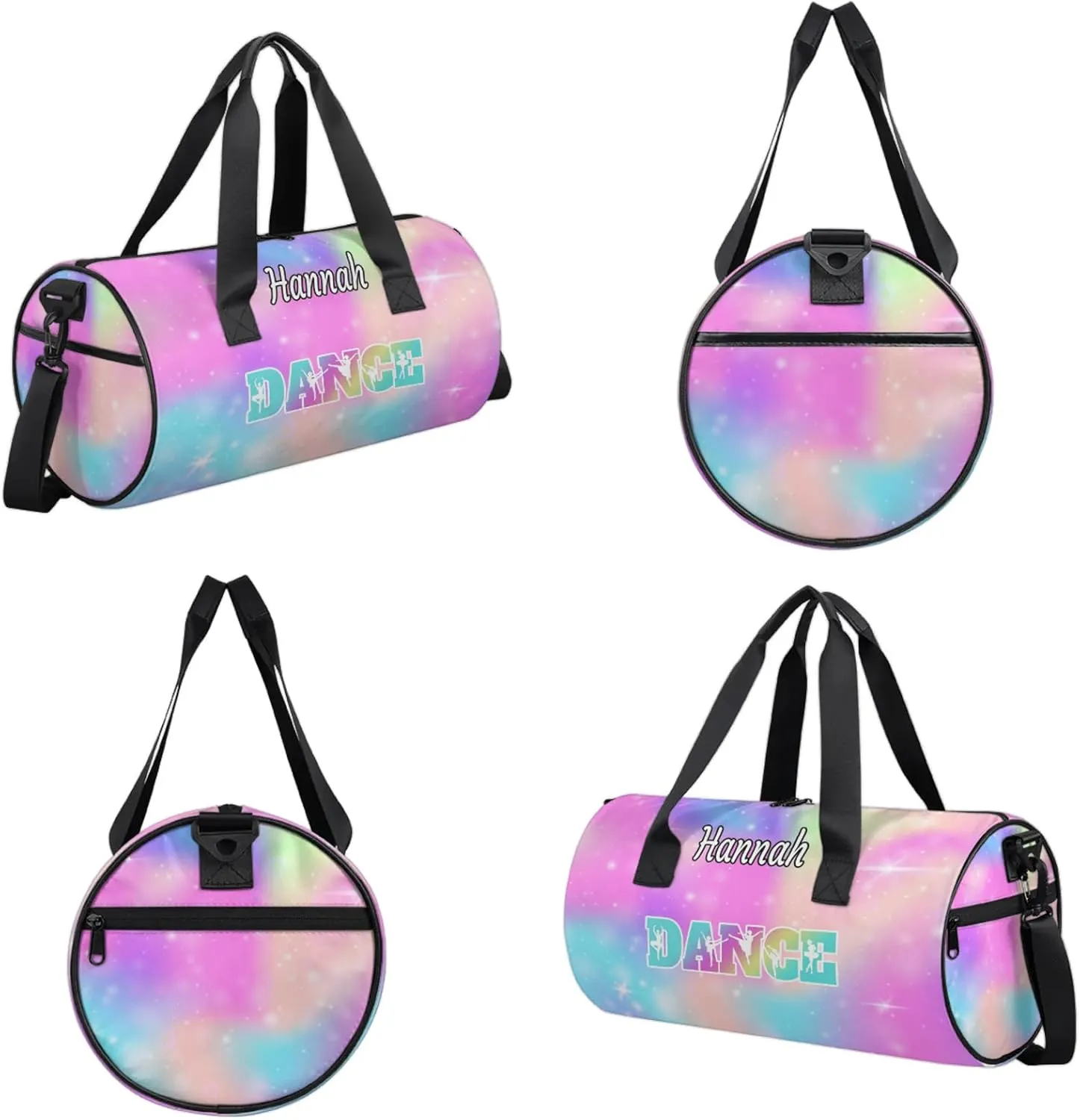 Custom Dance Duffel Bag with Name Round Personalized Dance Ballet Bags Waterproof Customized Travel Bag Carry-On Tote 17.6in, Rainbow Sparkly