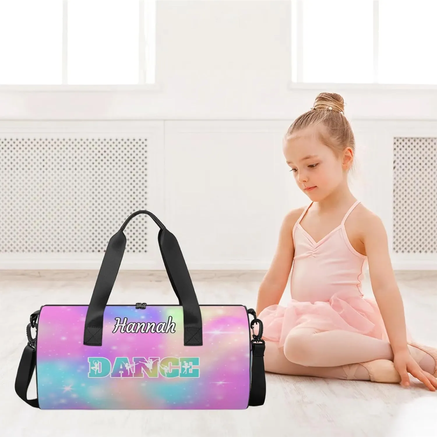 Custom Dance Duffel Bag with Name Round Personalized Dance Ballet Bags Waterproof Customized Travel Bag Carry-On Tote 17.6in, Rainbow Sparkly