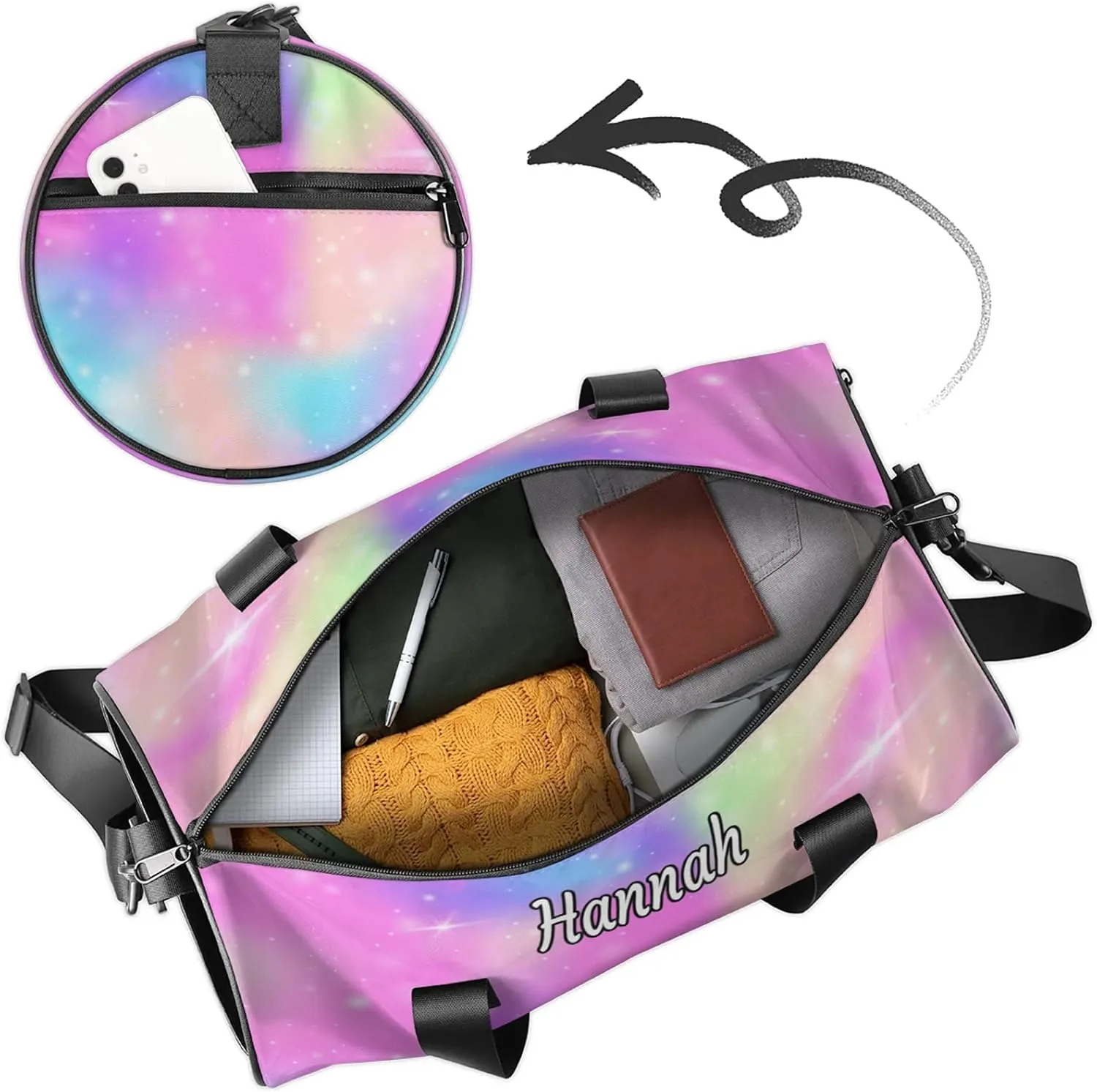 Custom Dance Duffel Bag with Name Round Personalized Dance Ballet Bags Waterproof Customized Travel Bag Carry-On Tote 17.6in, Rainbow Sparkly