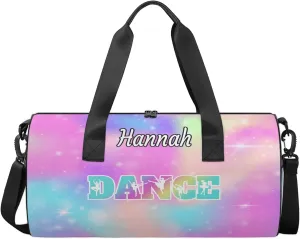 Custom Dance Duffel Bag with Name Round Personalized Dance Ballet Bags Waterproof Customized Travel Bag Carry-On Tote 17.6in, Rainbow Sparkly