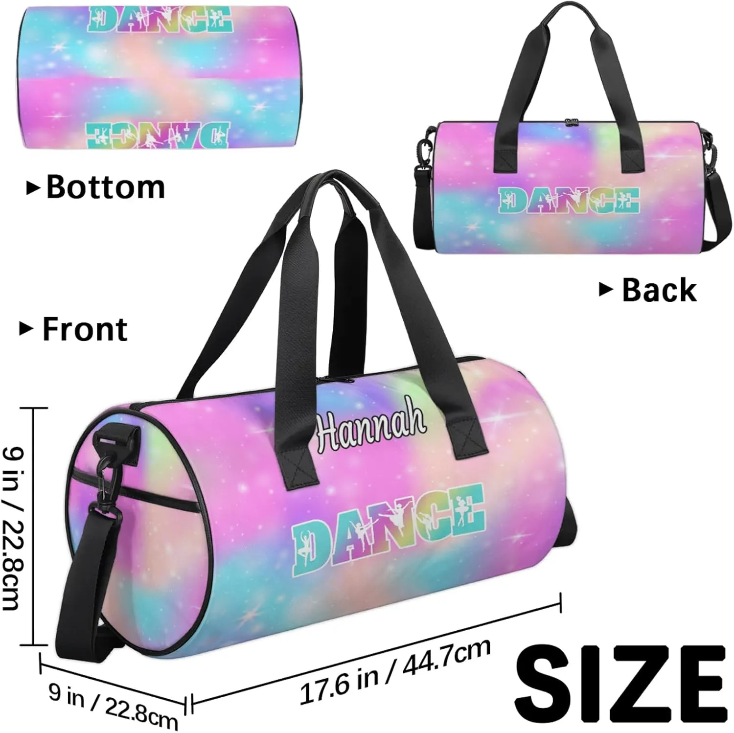 Custom Dance Duffel Bag with Name Round Personalized Dance Ballet Bags Waterproof Customized Travel Bag Carry-On Tote 17.6in, Rainbow Sparkly