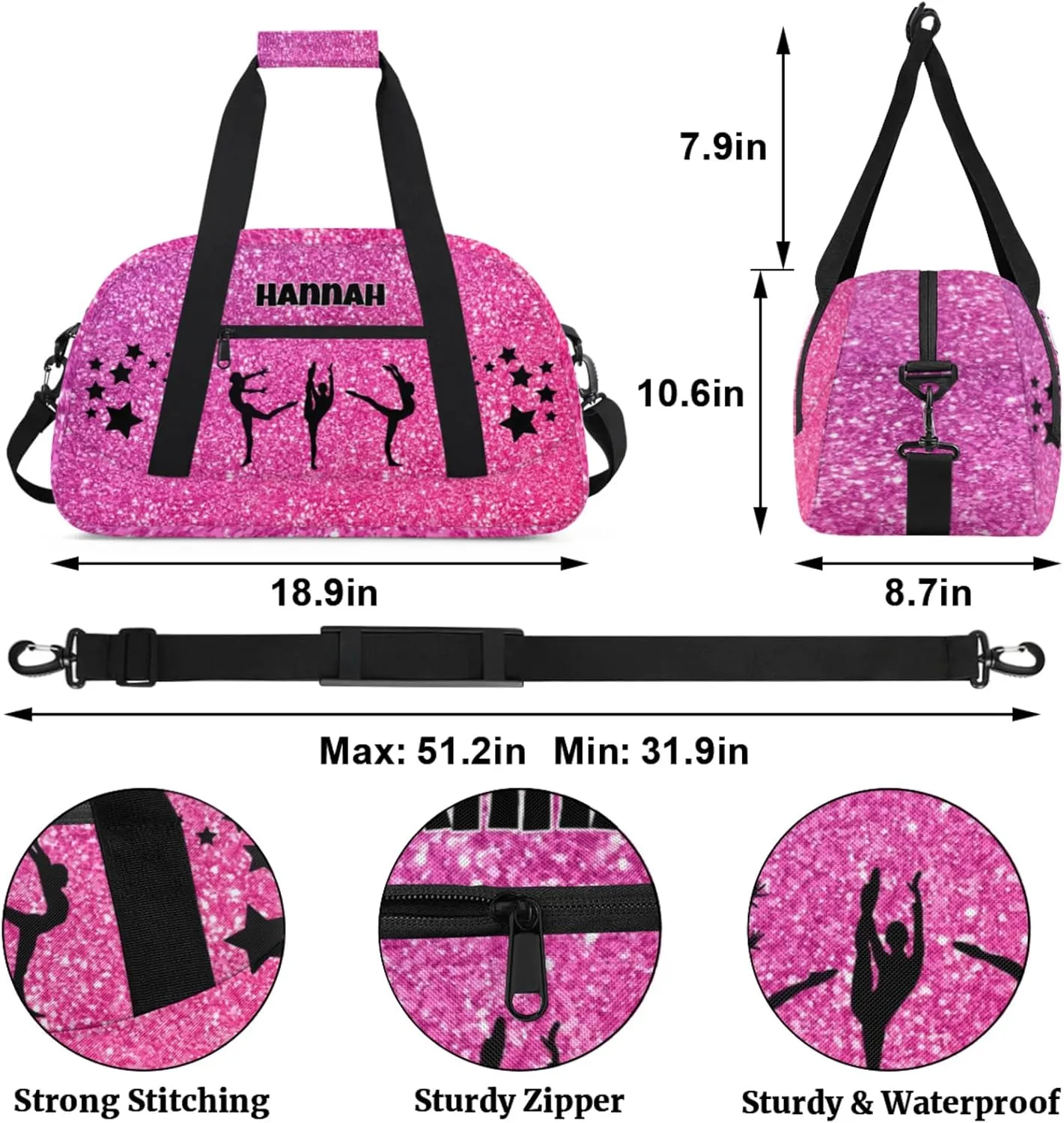 Custom Name Gym Bag with, Deep Pink Sequins Sparkly Dance Ballet Bag Sports Travel Duffle Bag Tote Carry On Weekend Sports Overnight Travel Bag