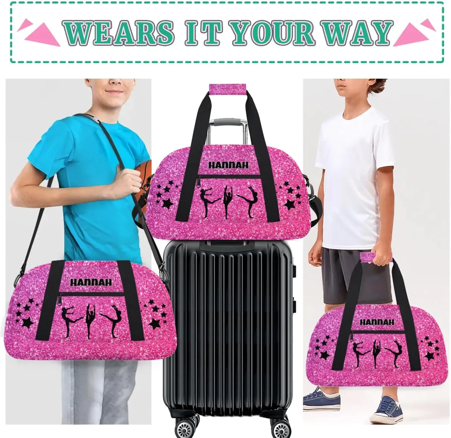 Custom Name Gym Bag with, Deep Pink Sequins Sparkly Dance Ballet Bag Sports Travel Duffle Bag Tote Carry On Weekend Sports Overnight Travel Bag