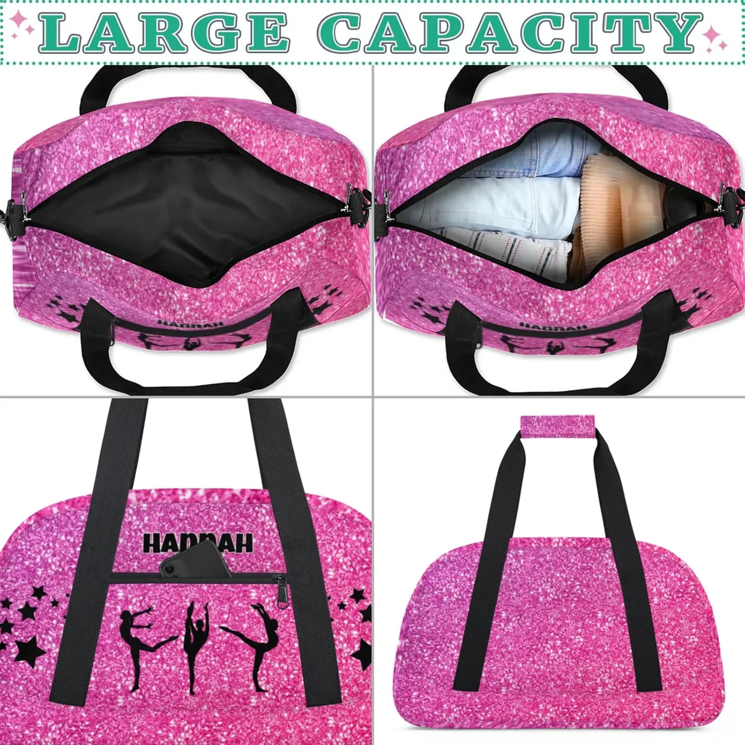 Custom Name Gym Bag with, Deep Pink Sequins Sparkly Dance Ballet Bag Sports Travel Duffle Bag Tote Carry On Weekend Sports Overnight Travel Bag