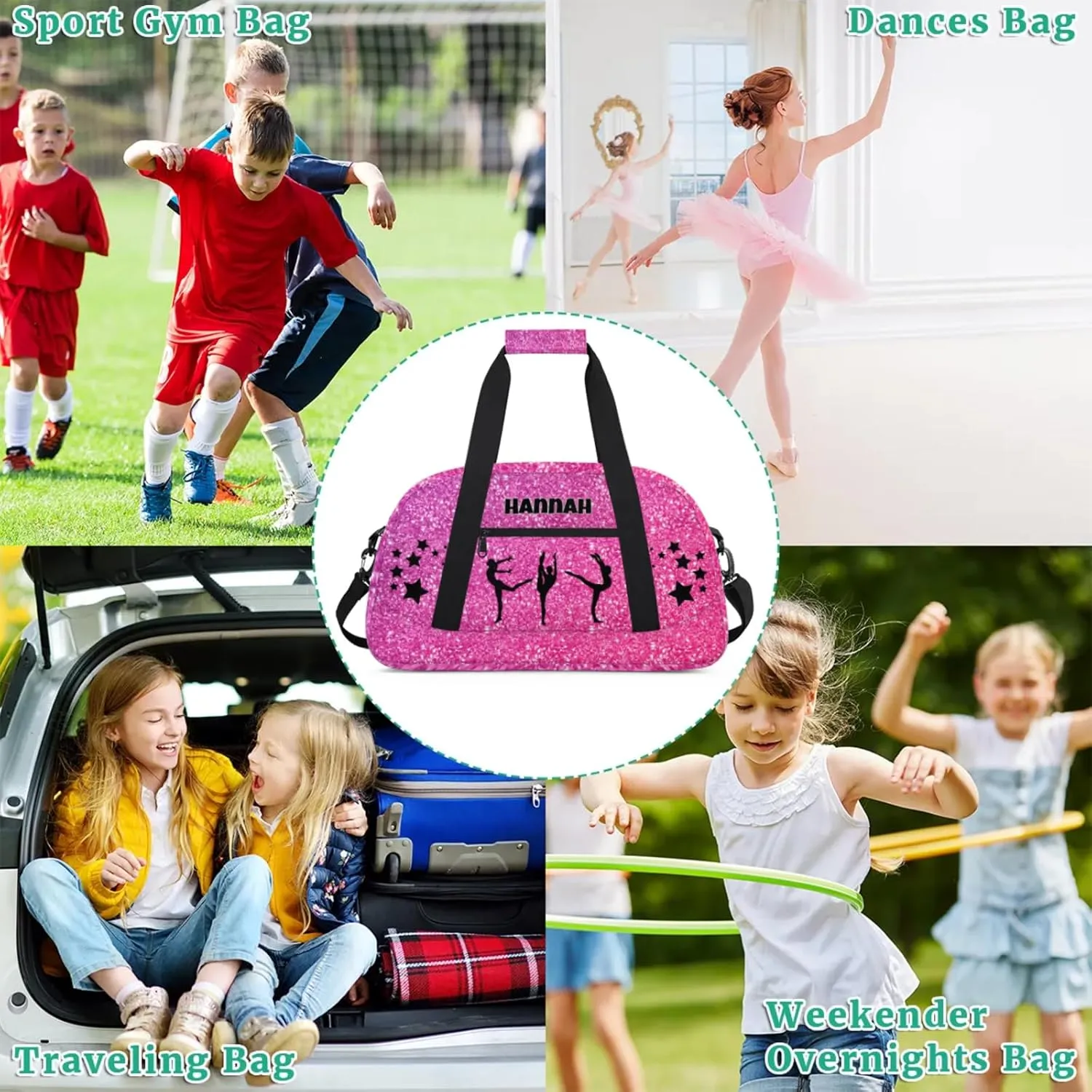 Custom Name Gym Bag with, Deep Pink Sequins Sparkly Dance Ballet Bag Sports Travel Duffle Bag Tote Carry On Weekend Sports Overnight Travel Bag