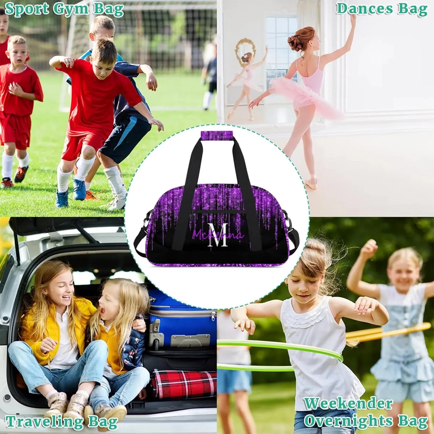 Custom Name Overnight Duffel Cheerleaders Bag, Personalized Sport Gym Bag Travel Weekender Bag Dark Voilet Purple Glittering Sparkly Effect Printed