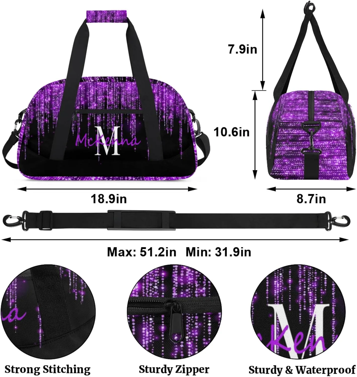 Custom Name Overnight Duffel Cheerleaders Bag, Personalized Sport Gym Bag Travel Weekender Bag Dark Voilet Purple Glittering Sparkly Effect Printed
