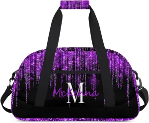 Custom Name Overnight Duffel Cheerleaders Bag, Personalized Sport Gym Bag Travel Weekender Bag Dark Voilet Purple Glittering Sparkly Effect Printed
