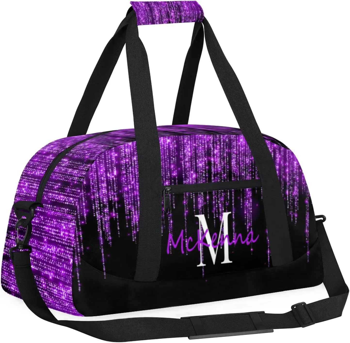 Custom Name Overnight Duffel Cheerleaders Bag, Personalized Sport Gym Bag Travel Weekender Bag Dark Voilet Purple Glittering Sparkly Effect Printed