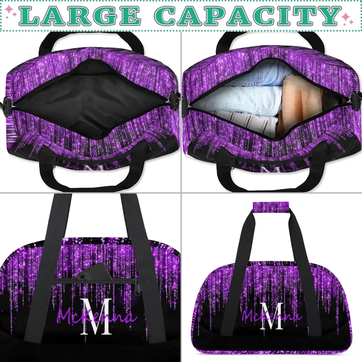 Custom Name Overnight Duffel Cheerleaders Bag, Personalized Sport Gym Bag Travel Weekender Bag Dark Voilet Purple Glittering Sparkly Effect Printed