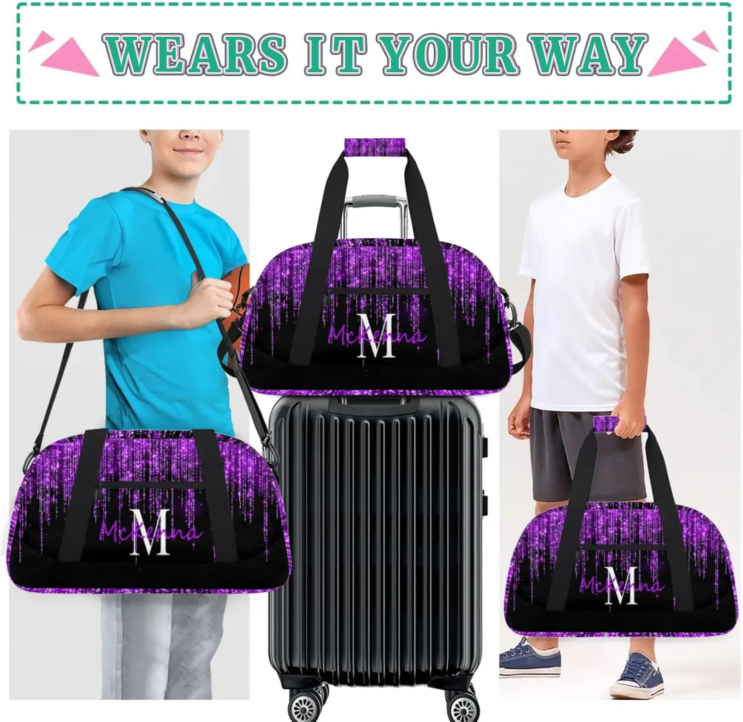 Custom Name Overnight Duffel Cheerleaders Bag, Personalized Sport Gym Bag Travel Weekender Bag Dark Voilet Purple Glittering Sparkly Effect Printed