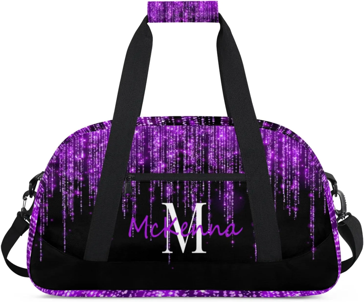 Custom Name Overnight Duffel Cheerleaders Bag, Personalized Sport Gym Bag Travel Weekender Bag Dark Voilet Purple Glittering Sparkly Effect Printed