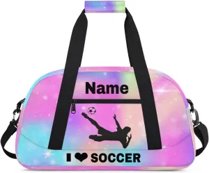 Custom Sport Duffel Bag Soccer Personalized Name Sports Bag Overnight Weekender Bag Waterproof Travel Sport Gym Bags, Rainbow Sparkly