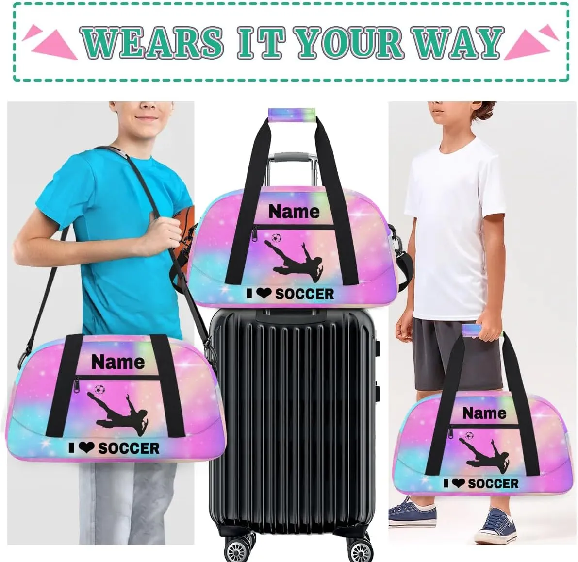 Custom Sport Duffel Bag Soccer Personalized Name Sports Bag Overnight Weekender Bag Waterproof Travel Sport Gym Bags, Rainbow Sparkly