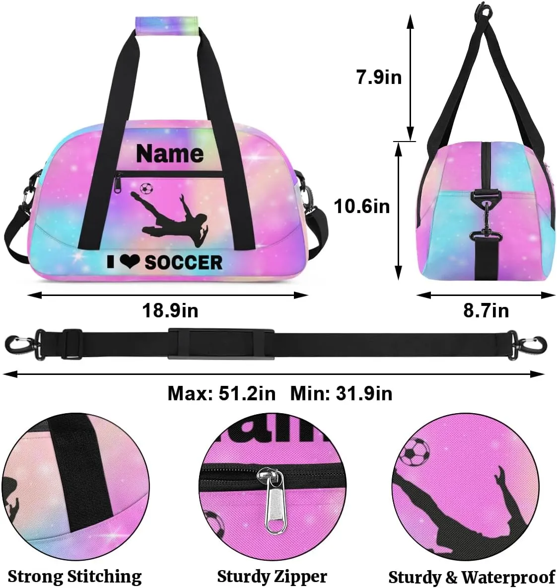 Custom Sport Duffel Bag Soccer Personalized Name Sports Bag Overnight Weekender Bag Waterproof Travel Sport Gym Bags, Rainbow Sparkly