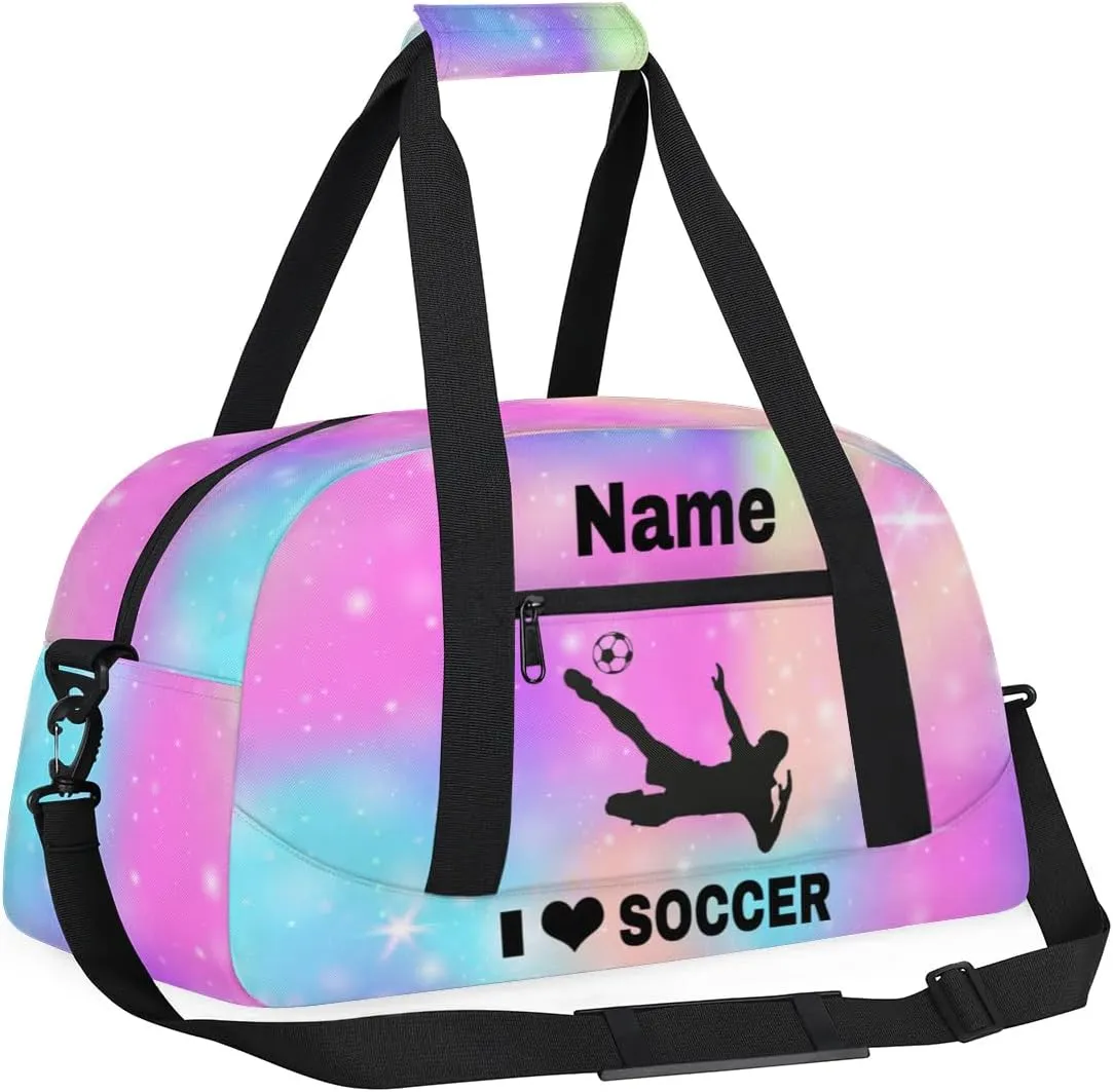 Custom Sport Duffel Bag Soccer Personalized Name Sports Bag Overnight Weekender Bag Waterproof Travel Sport Gym Bags, Rainbow Sparkly