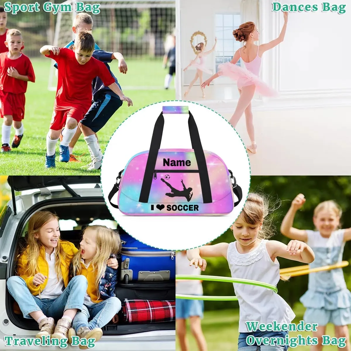 Custom Sport Duffel Bag Soccer Personalized Name Sports Bag Overnight Weekender Bag Waterproof Travel Sport Gym Bags, Rainbow Sparkly