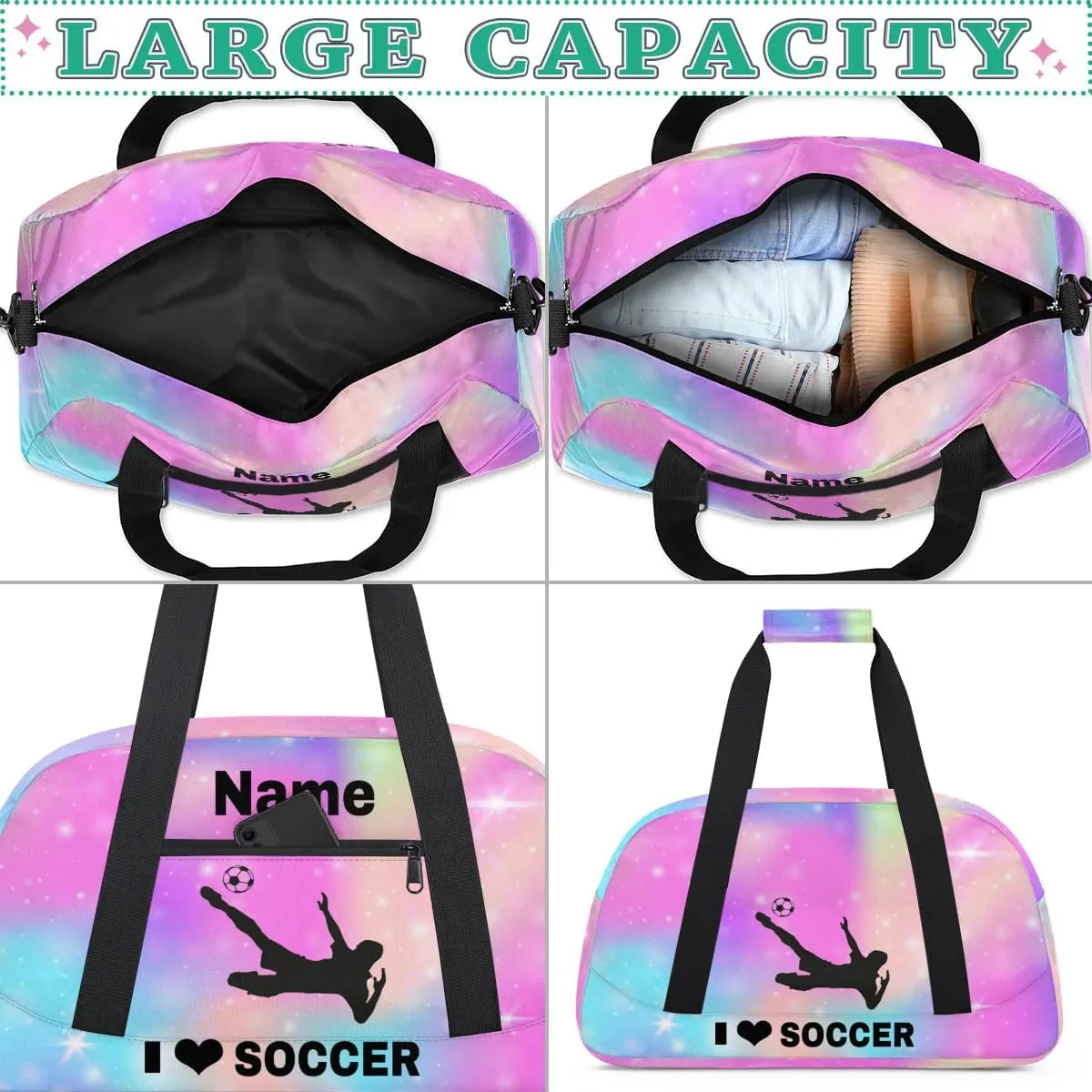 Custom Sport Duffel Bag Soccer Personalized Name Sports Bag Overnight Weekender Bag Waterproof Travel Sport Gym Bags, Rainbow Sparkly