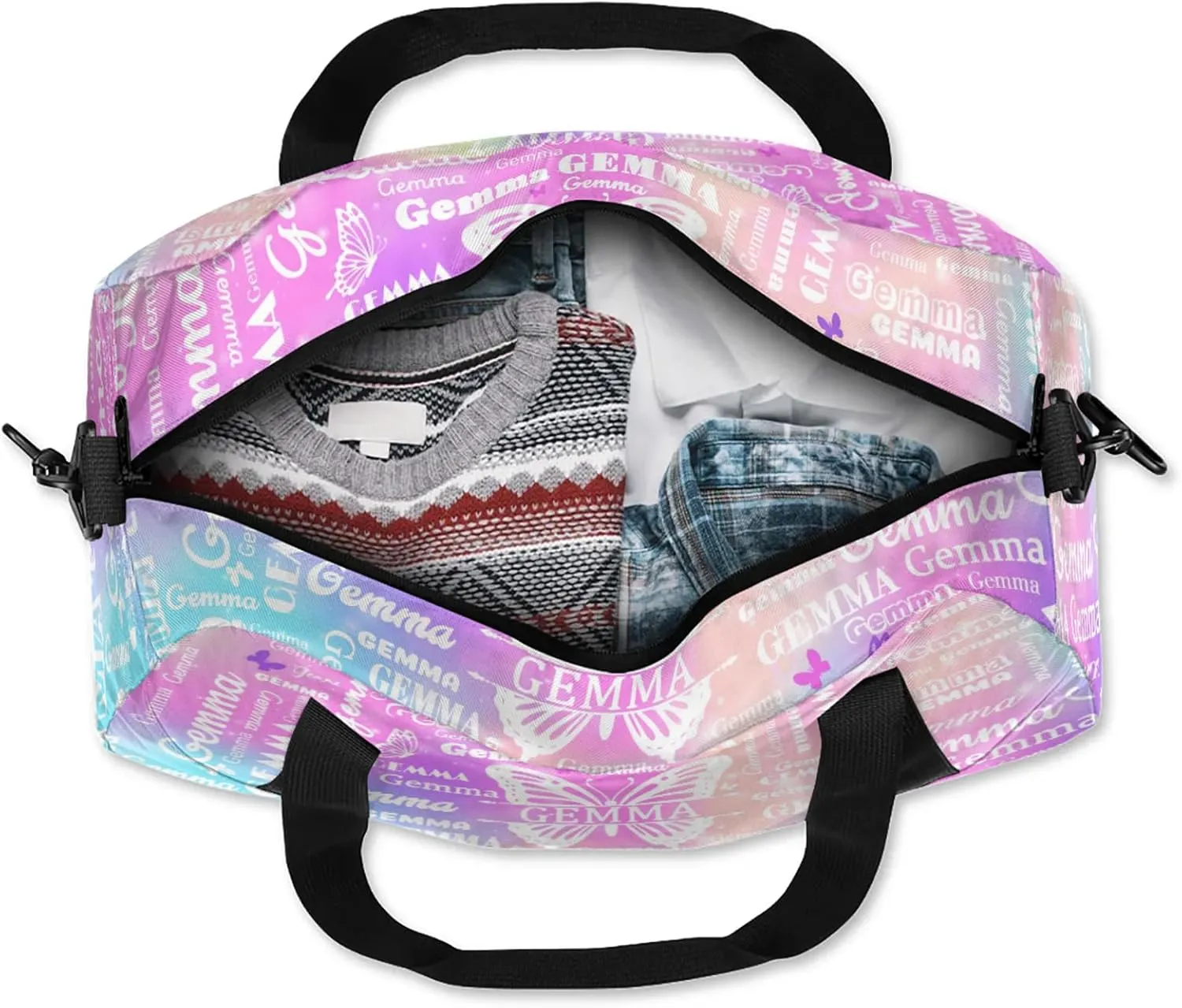 Custom Sport Duffel Bag with Name Butterfly Travel Overnight Bag for Women Men Waterproof Dance Ballet Bag Lightweight 18.5in, Rainbow Sparkly