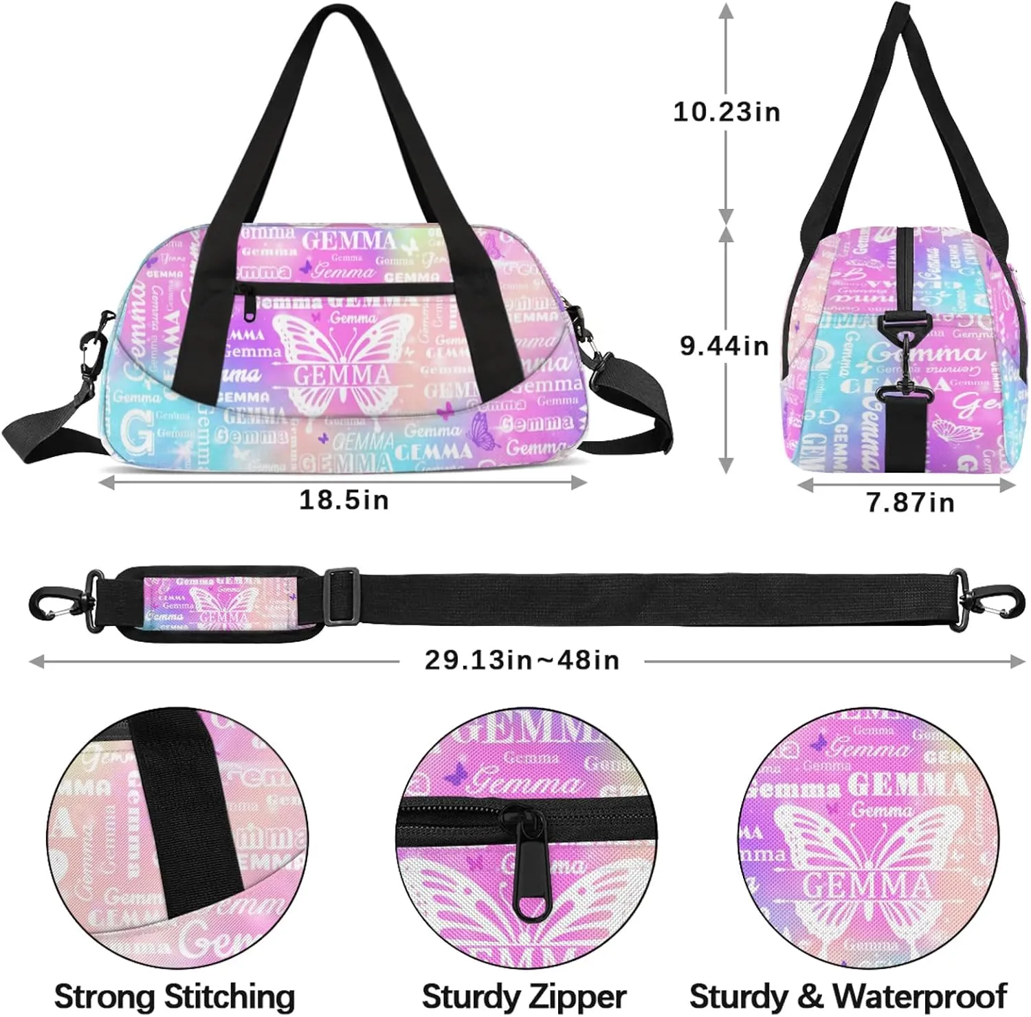 Custom Sport Duffel Bag with Name Butterfly Travel Overnight Bag for Women Men Waterproof Dance Ballet Bag Lightweight 18.5in, Rainbow Sparkly