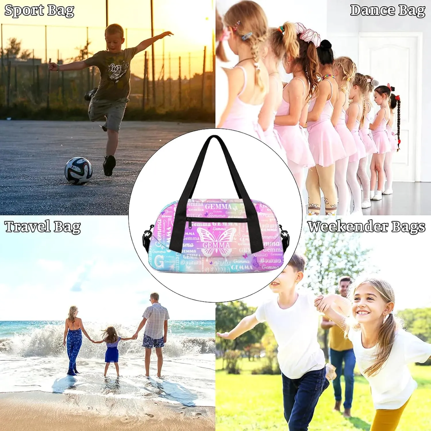 Custom Sport Duffel Bag with Name Butterfly Travel Overnight Bag for Women Men Waterproof Dance Ballet Bag Lightweight 18.5in, Rainbow Sparkly