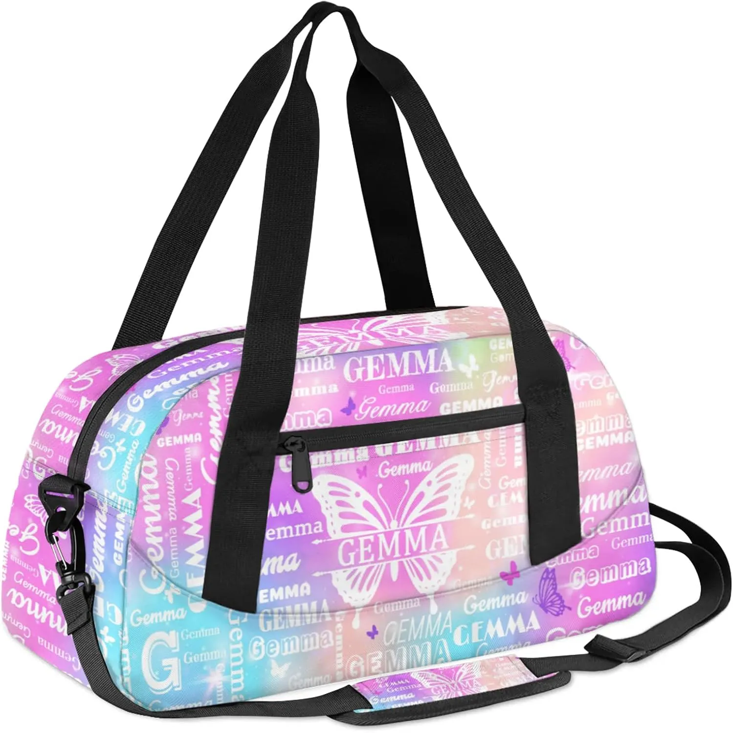 Custom Sport Duffel Bag with Name Butterfly Travel Overnight Bag for Women Men Waterproof Dance Ballet Bag Lightweight 18.5in, Rainbow Sparkly