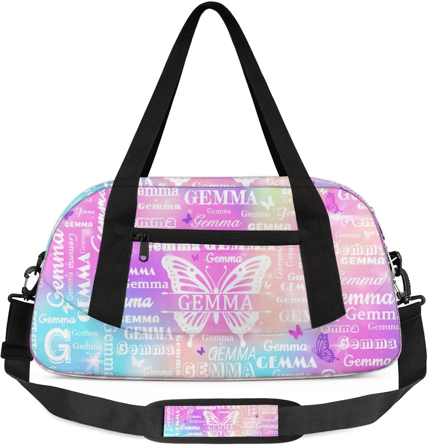 Custom Sport Duffel Bag with Name Butterfly Travel Overnight Bag for Women Men Waterproof Dance Ballet Bag Lightweight 18.5in, Rainbow Sparkly
