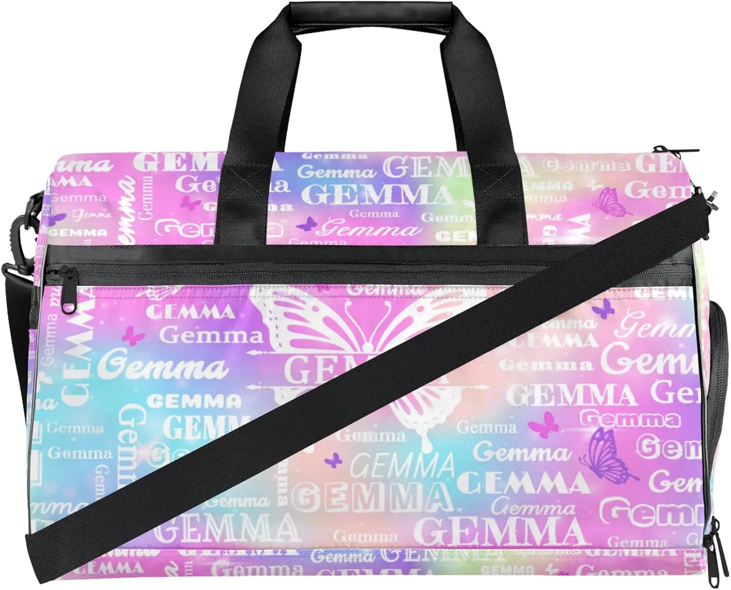 Custom Sport Duffel Bag with Name Butterfly Travel Overnight Bag with Shoes Compartment for Women Men Waterproof Dance Ballet Bag Lightweight, Rainbow Sparkly