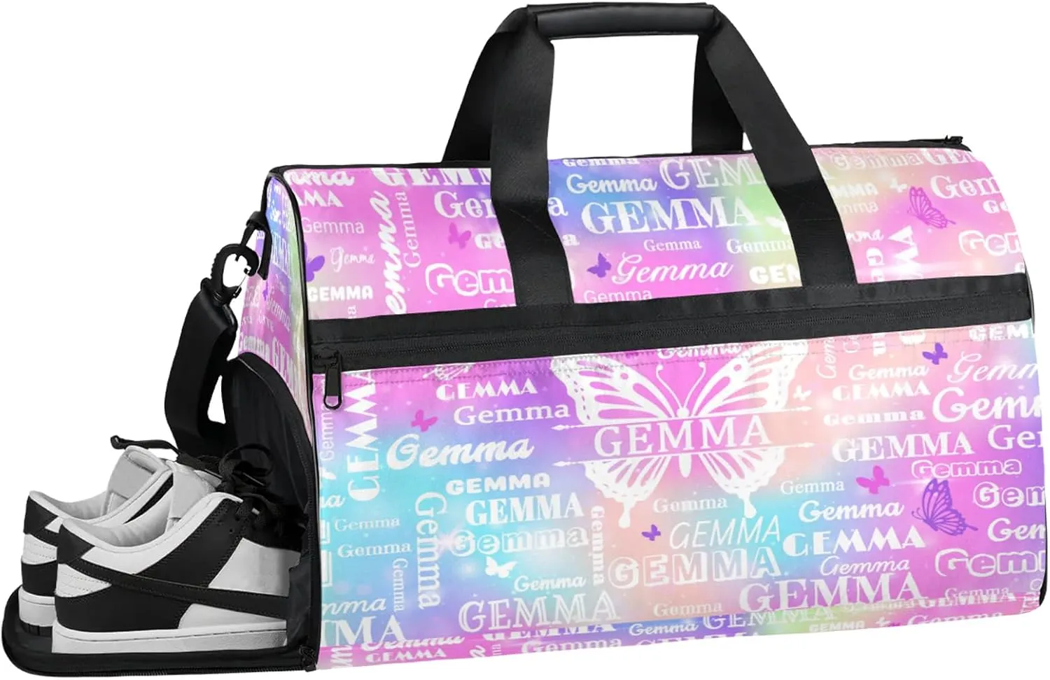 Custom Sport Duffel Bag with Name Butterfly Travel Overnight Bag with Shoes Compartment for Women Men Waterproof Dance Ballet Bag Lightweight, Rainbow Sparkly