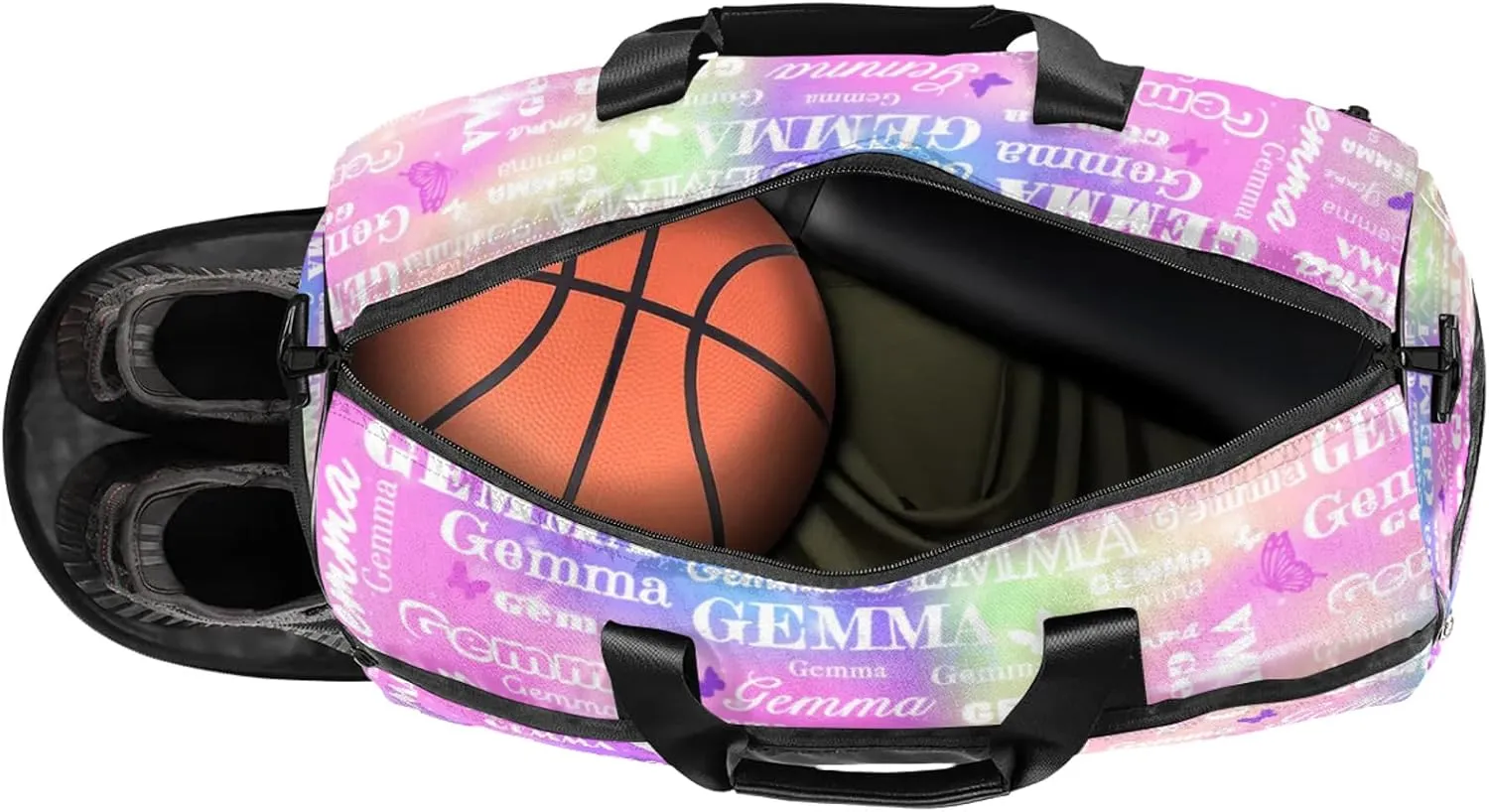 Custom Sport Duffel Bag with Name Butterfly Travel Overnight Bag with Shoes Compartment for Women Men Waterproof Dance Ballet Bag Lightweight, Rainbow Sparkly