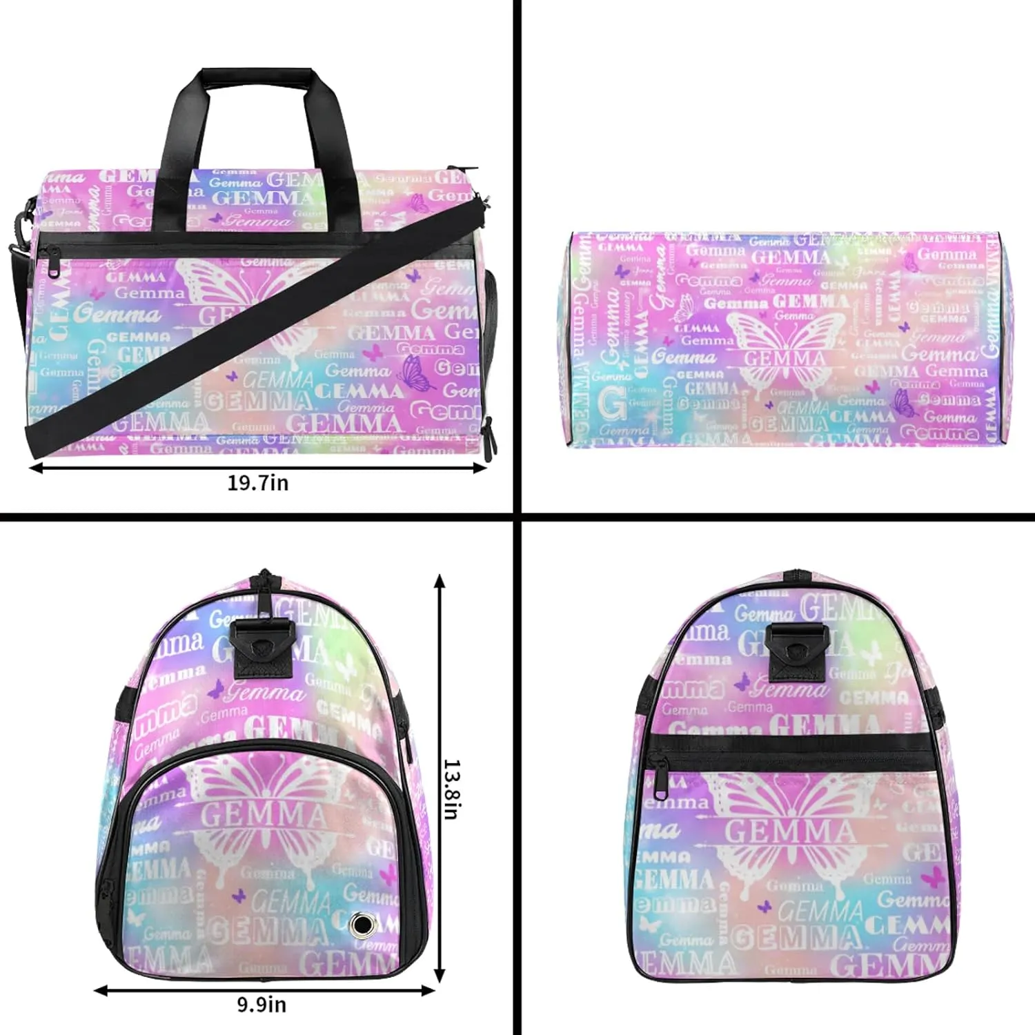 Custom Sport Duffel Bag with Name Butterfly Travel Overnight Bag with Shoes Compartment for Women Men Waterproof Dance Ballet Bag Lightweight, Rainbow Sparkly