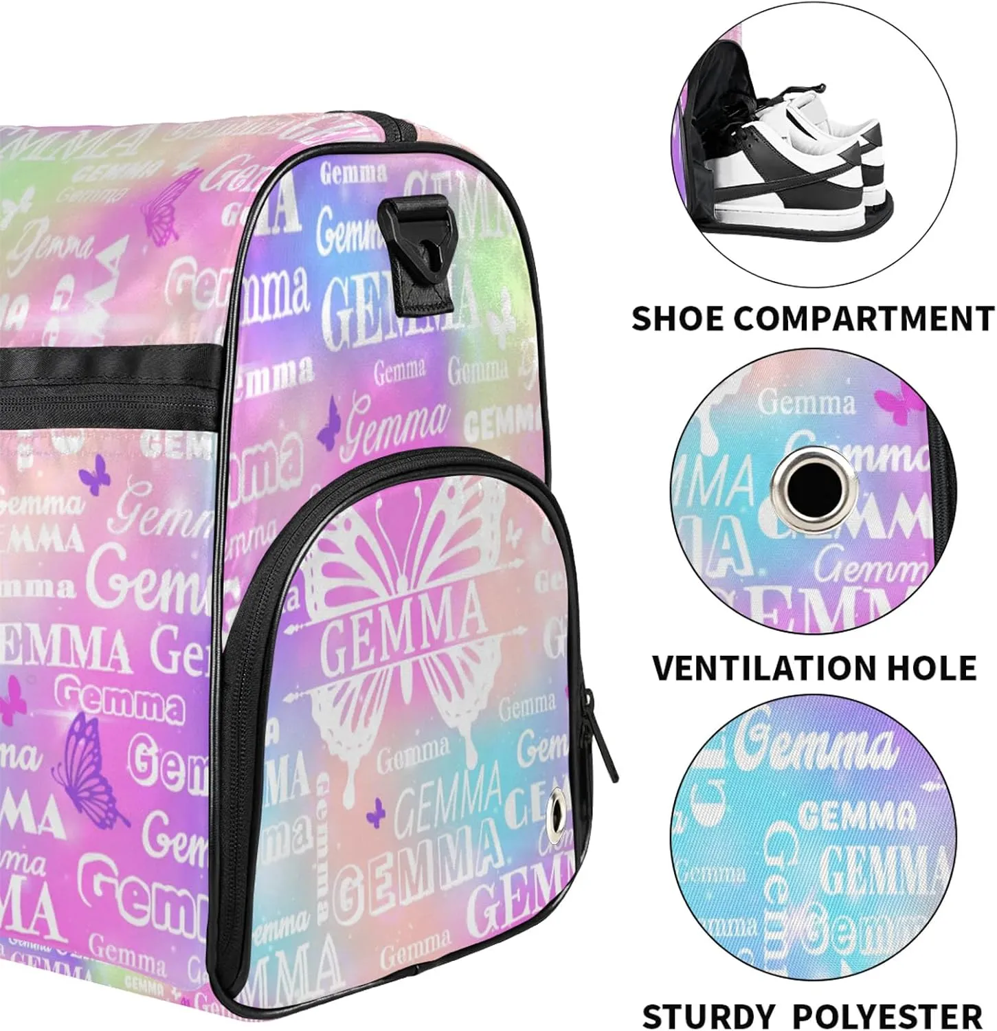 Custom Sport Duffel Bag with Name Butterfly Travel Overnight Bag with Shoes Compartment for Women Men Waterproof Dance Ballet Bag Lightweight, Rainbow Sparkly