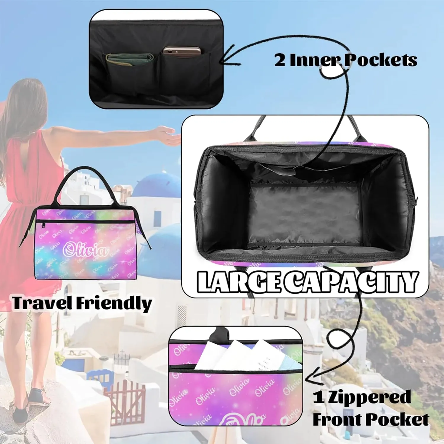 Custom Sport Duffel Bags Personalized Travel Overnight Bag Waterproof Dance Bag Lightweight Carry-On Tote for Women Men 15.2in, Rainbow Sparkly