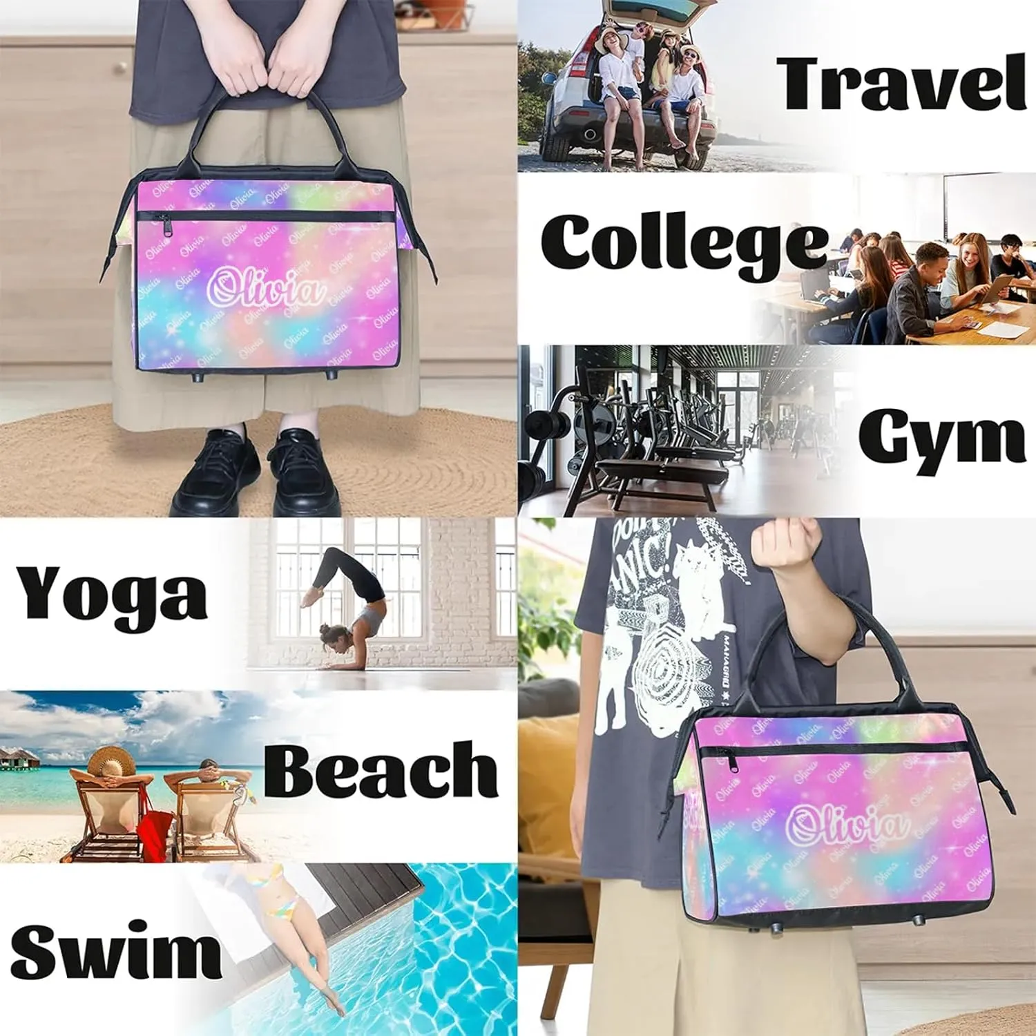 Custom Sport Duffel Bags Personalized Travel Overnight Bag Waterproof Dance Bag Lightweight Carry-On Tote for Women Men 15.2in, Rainbow Sparkly