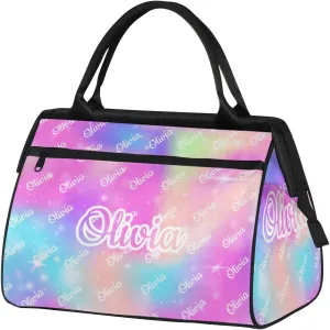 Custom Sport Duffel Bags Personalized Travel Overnight Bag Waterproof Dance Bag Lightweight Carry-On Tote for Women Men 15.2in, Rainbow Sparkly