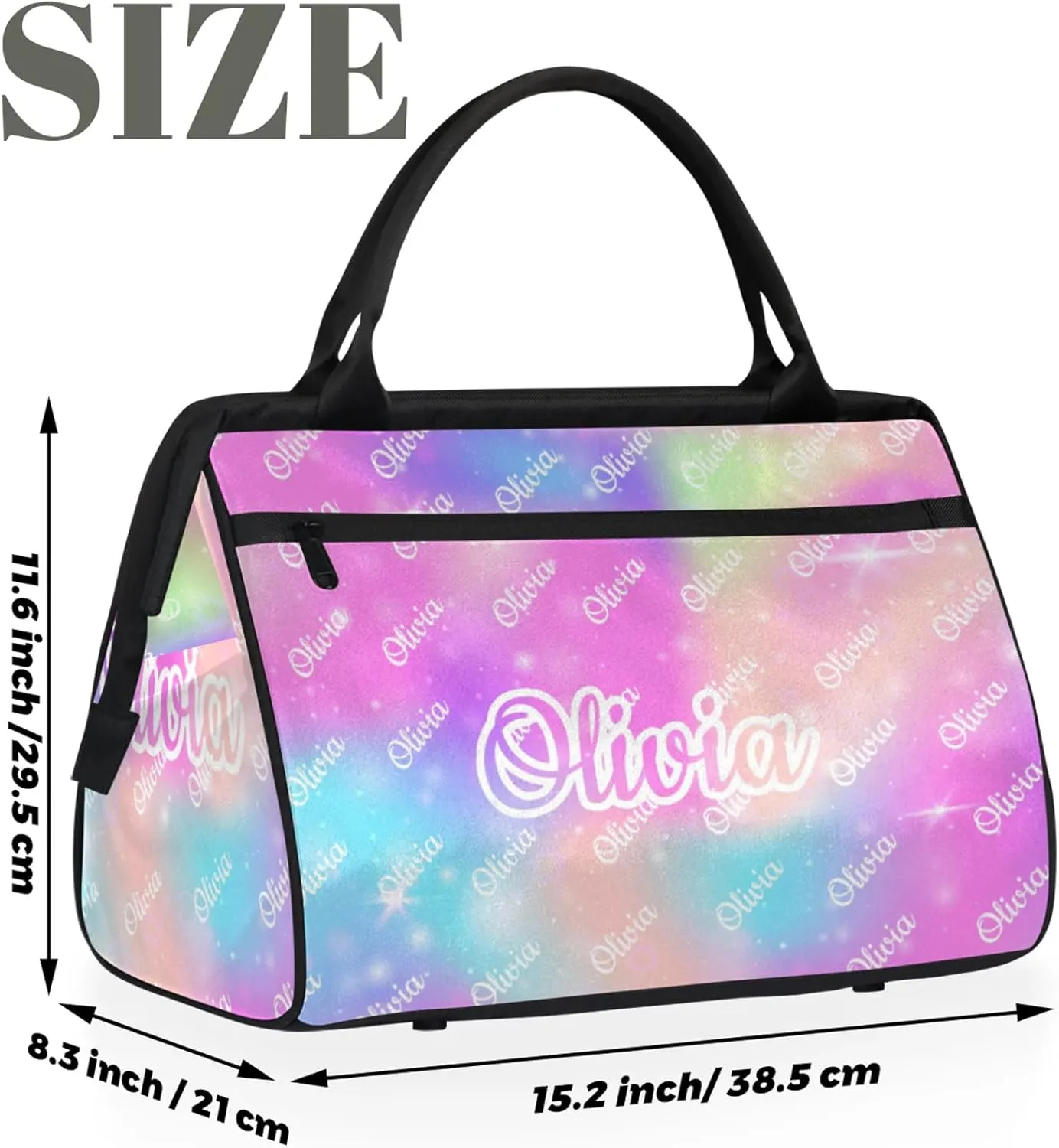 Custom Sport Duffel Bags Personalized Travel Overnight Bag Waterproof Dance Bag Lightweight Carry-On Tote for Women Men 15.2in, Rainbow Sparkly