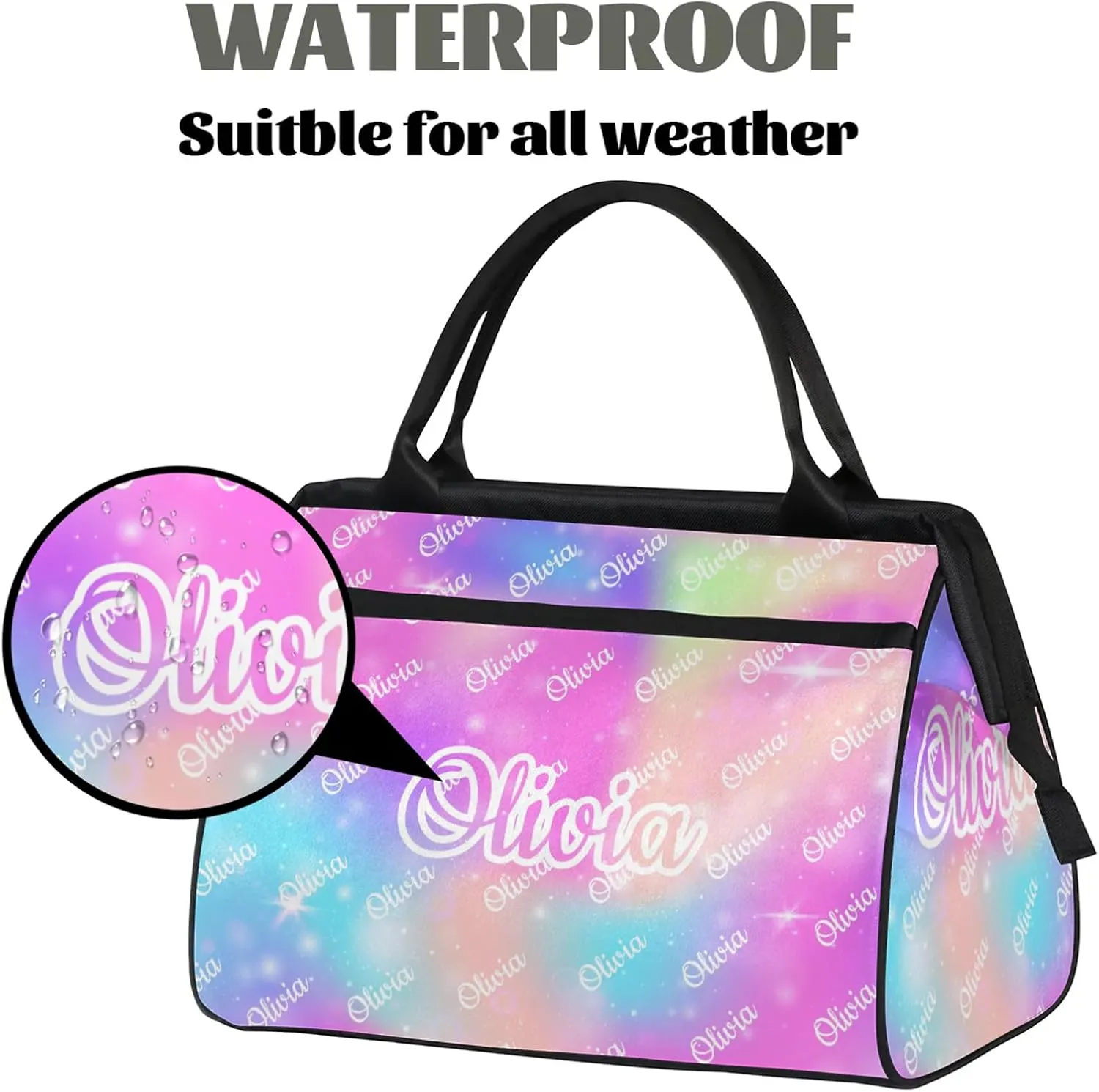 Custom Sport Duffel Bags Personalized Travel Overnight Bag Waterproof Dance Bag Lightweight Carry-On Tote for Women Men 15.2in, Rainbow Sparkly