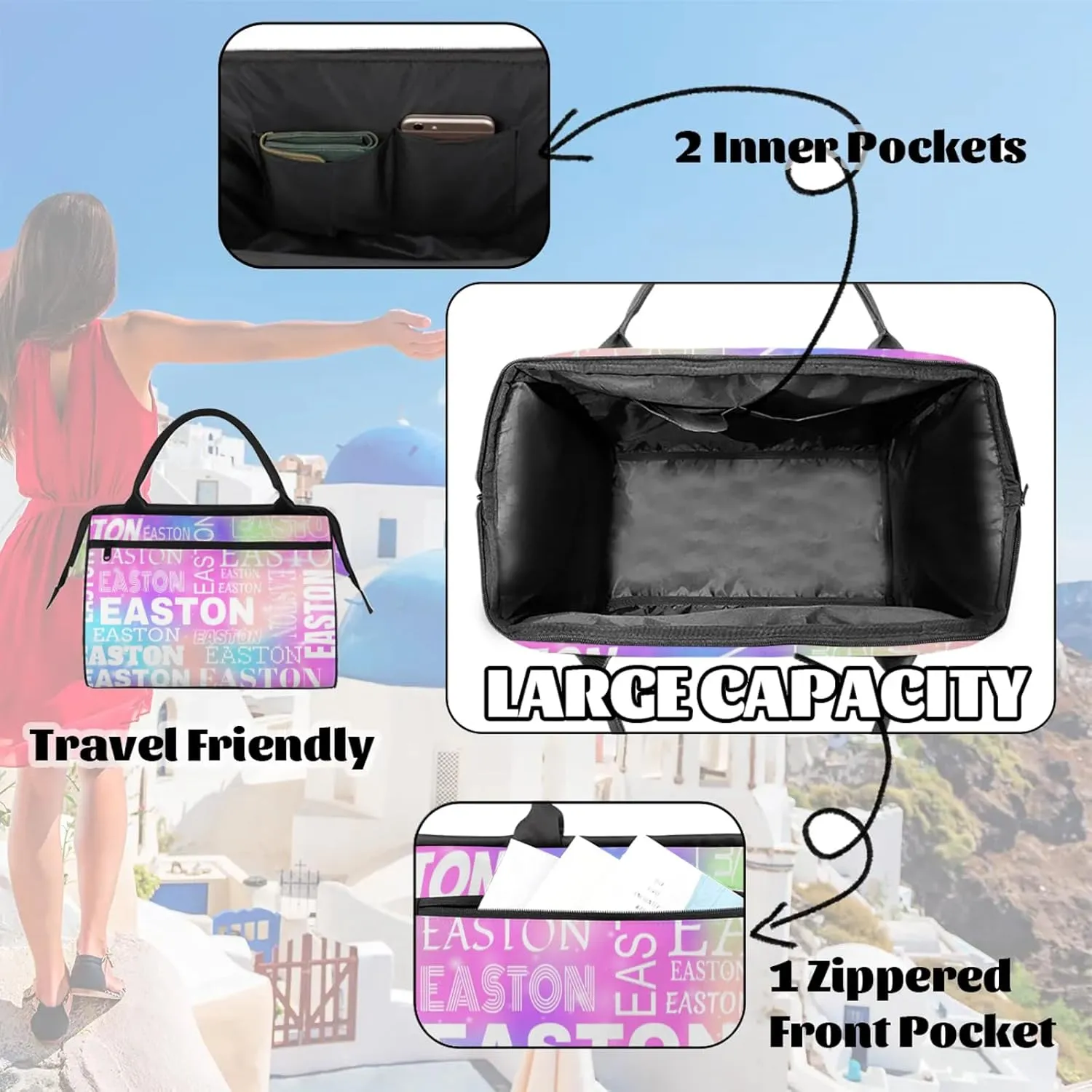 Custom Sport Gym Duffel Bag with Name Personalized Travel Overnight Bag Waterproof Customized Dance Bag Carry-On Tote 15.2in, Rainbow Sparkly