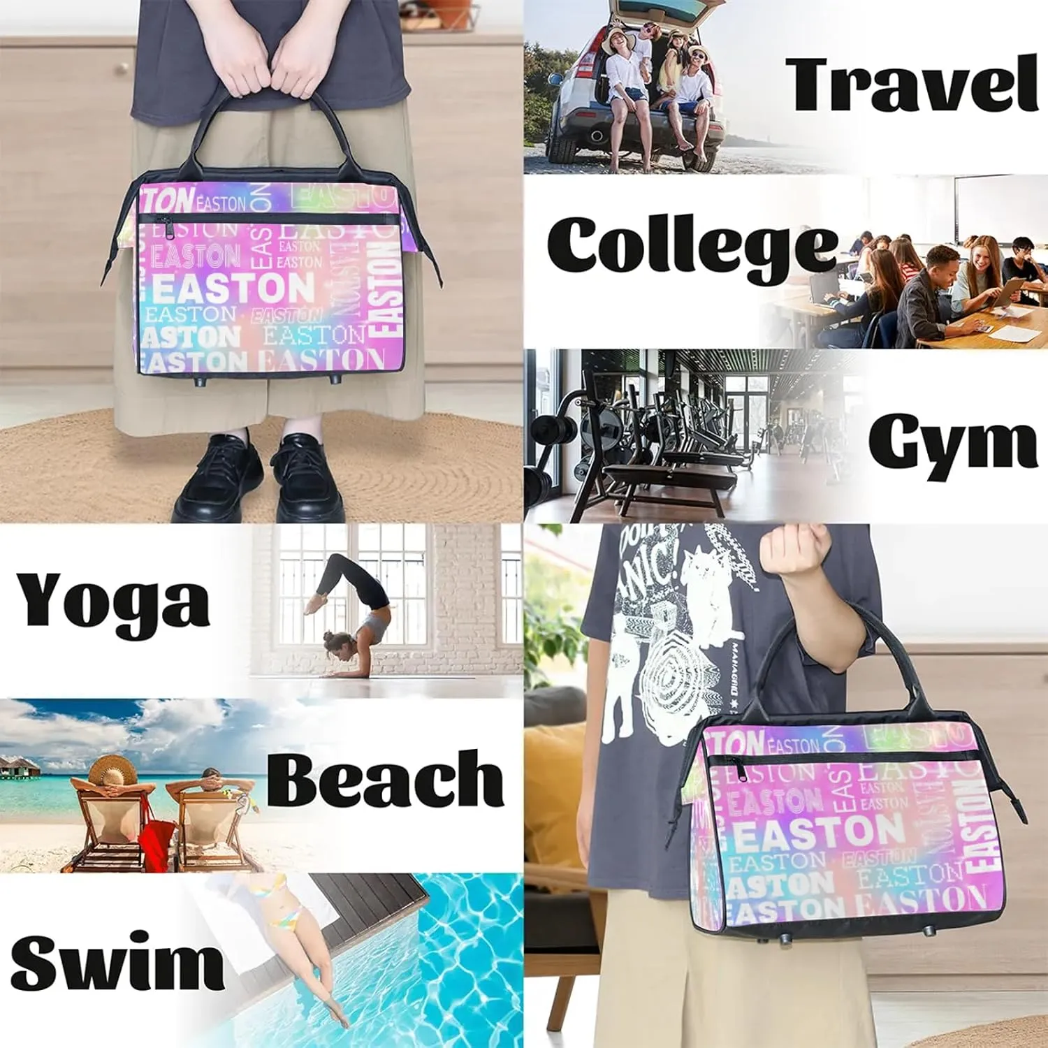 Custom Sport Gym Duffel Bag with Name Personalized Travel Overnight Bag Waterproof Customized Dance Bag Carry-On Tote 15.2in, Rainbow Sparkly