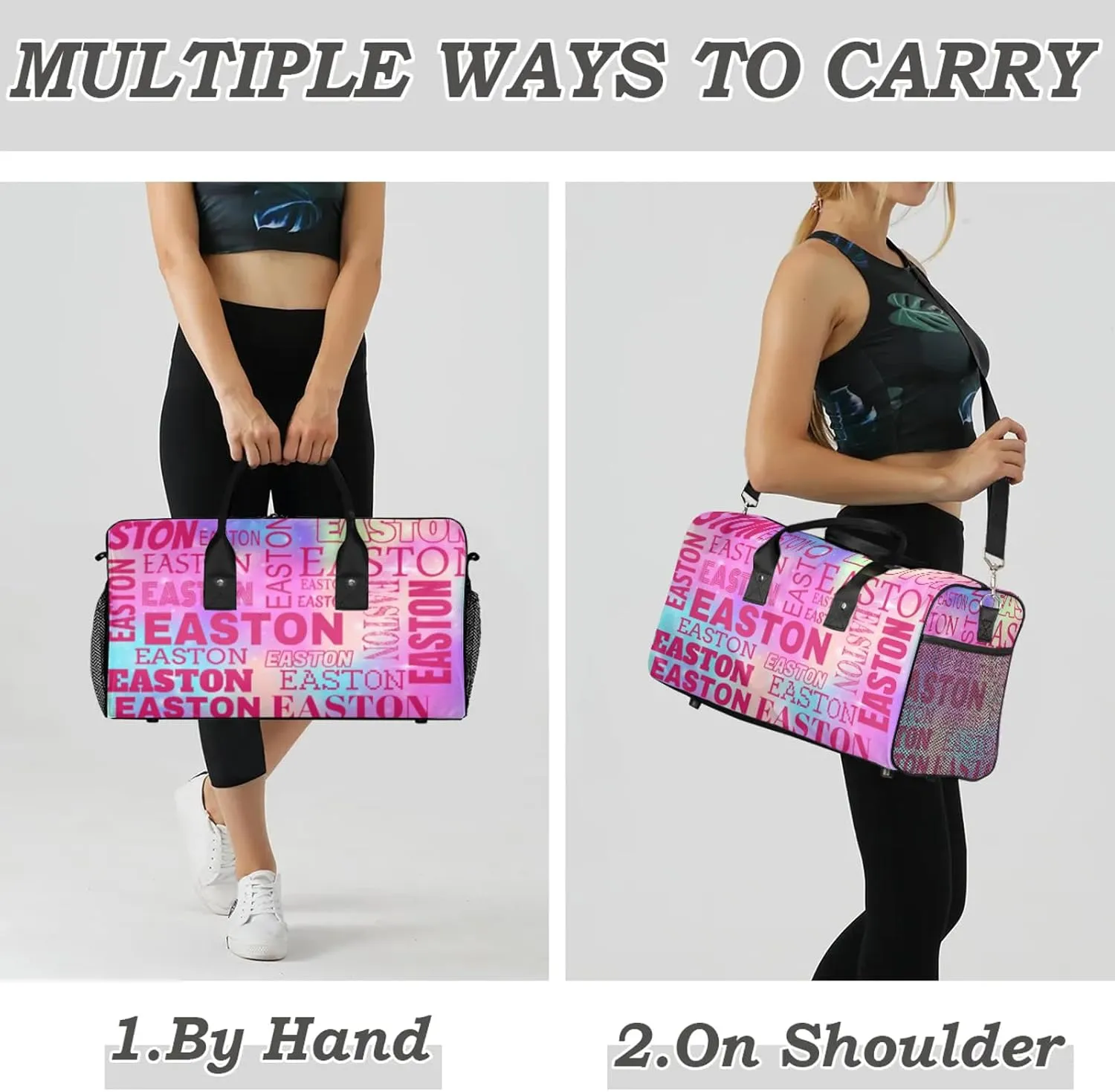 Custom Sport Gym Duffel Bag with Name Personalized Travel Overnight Bag Waterproof Customized Dance Bag Carry-On Tote 17.4in, Rainbow Sparkly
