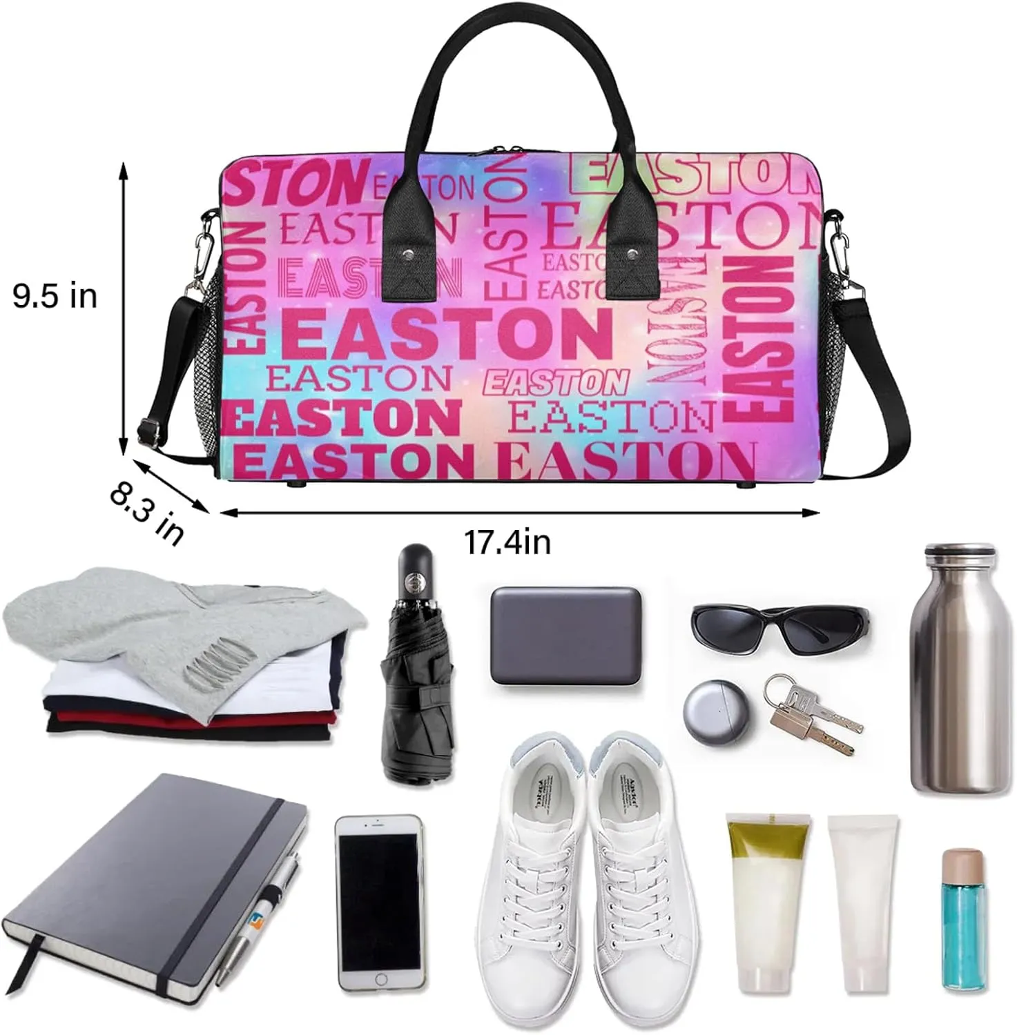 Custom Sport Gym Duffel Bag with Name Personalized Travel Overnight Bag Waterproof Customized Dance Bag Carry-On Tote 17.4in, Rainbow Sparkly