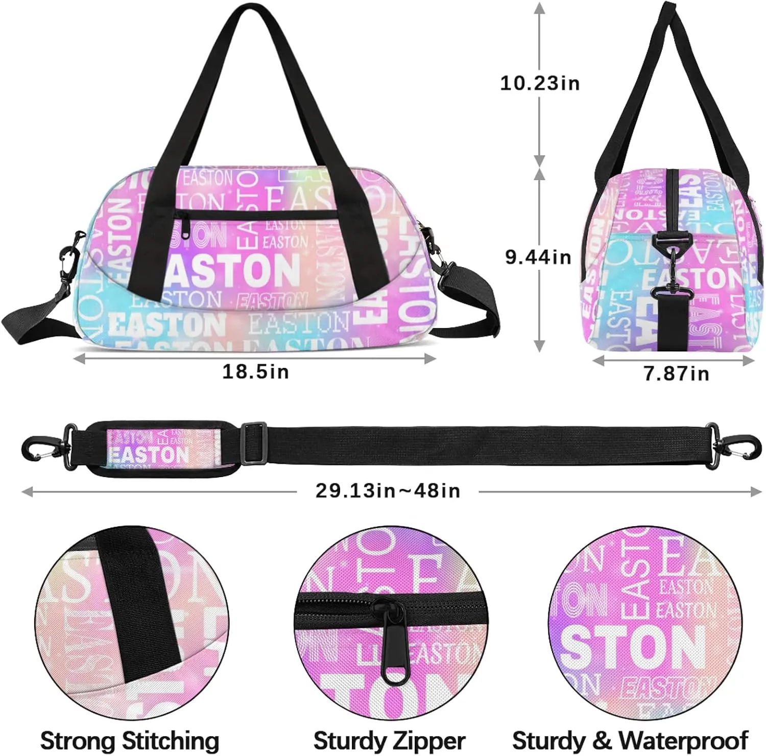 Custom Sport Gym Duffel Bag with Name Personalized Travel Overnight Bag Waterproof Customized Dance Bag Carry-On Tote 18.5in, Rainbow Sparkly