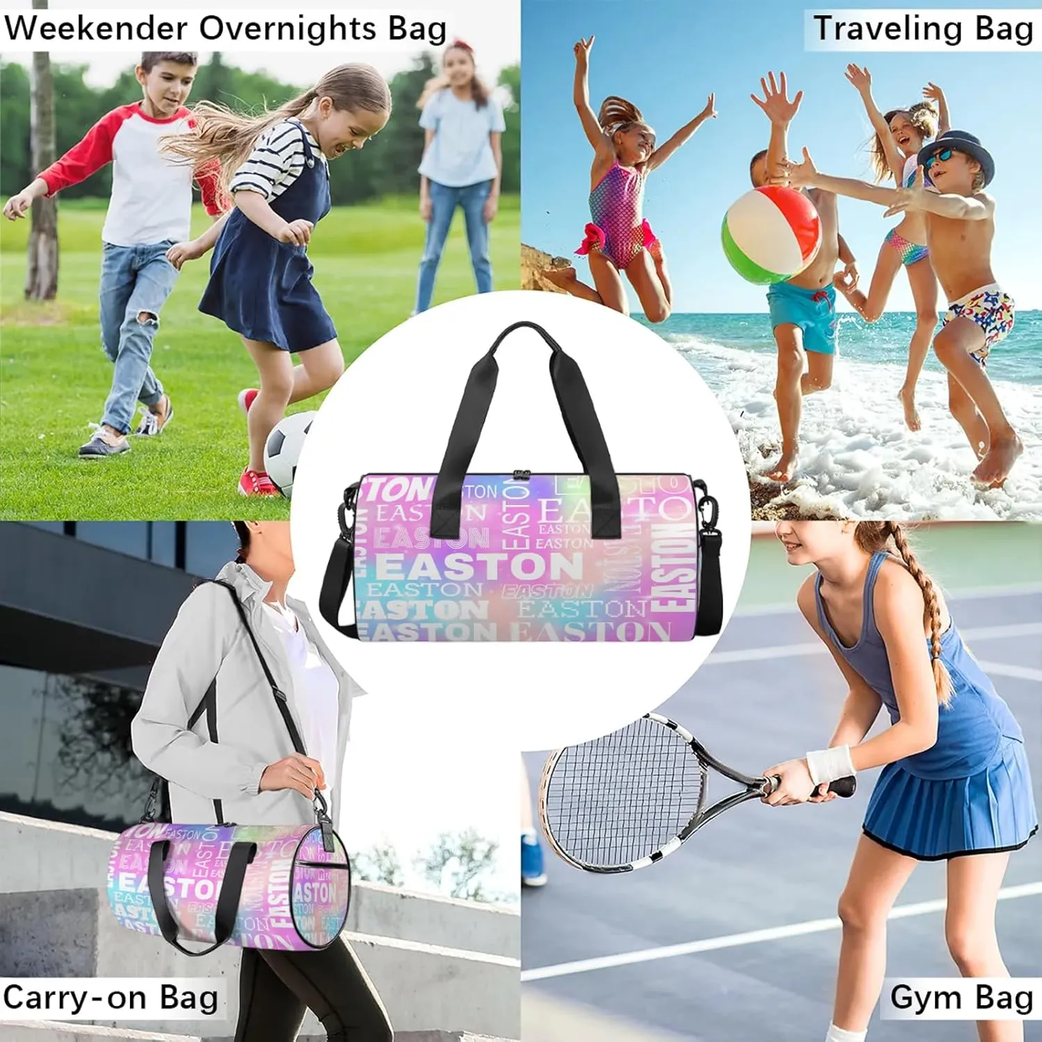 Custom Sport Gym Duffel Bag with Name Round Personalized Travel Overnight Bag Waterproof Customized Dance Bag Carry-On Tote 17.6in, Rainbow Sparkly
