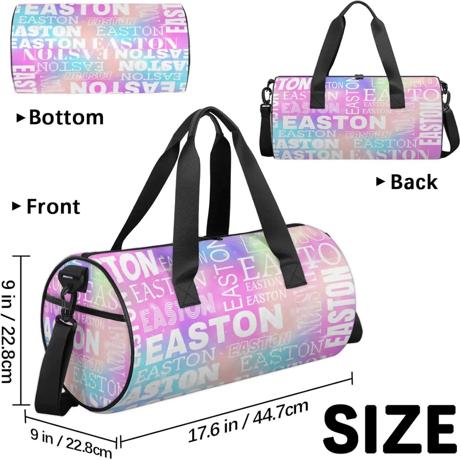 Custom Sport Gym Duffel Bag with Name Round Personalized Travel Overnight Bag Waterproof Customized Dance Bag Carry-On Tote 17.6in, Rainbow Sparkly